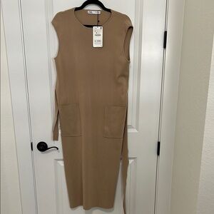 Zara Ribbed Tan Sleeveless Sheath Dress